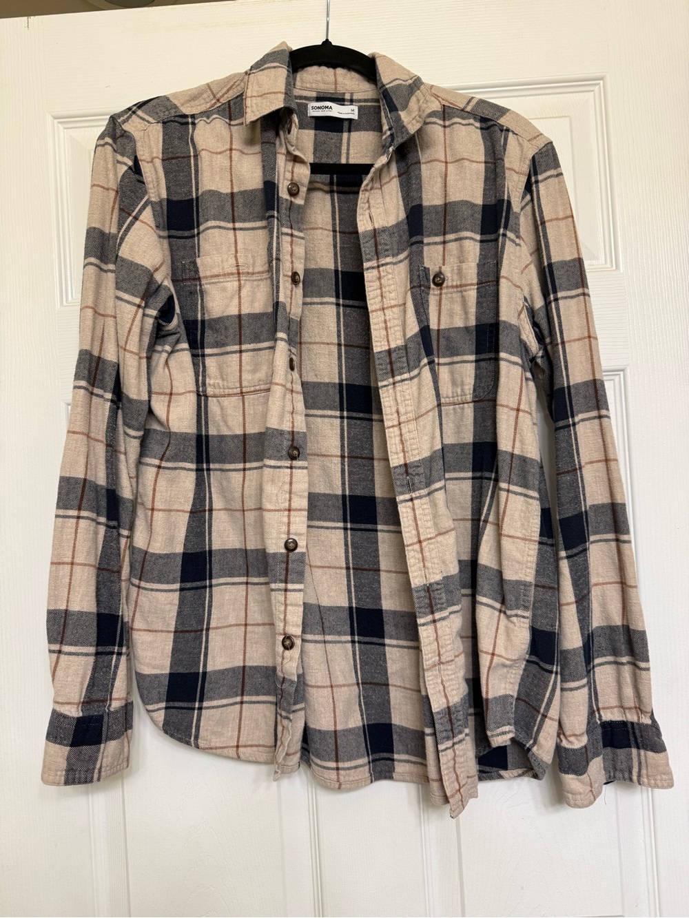 Sonoma Beige and Navy Plaid Button-Down Shirt